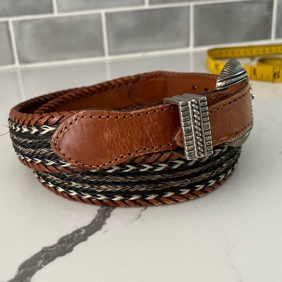 Genuine Leather Western Braided Woven Belt Silvertone Hardware Cowboy Rodeo - Picture 2 of 13